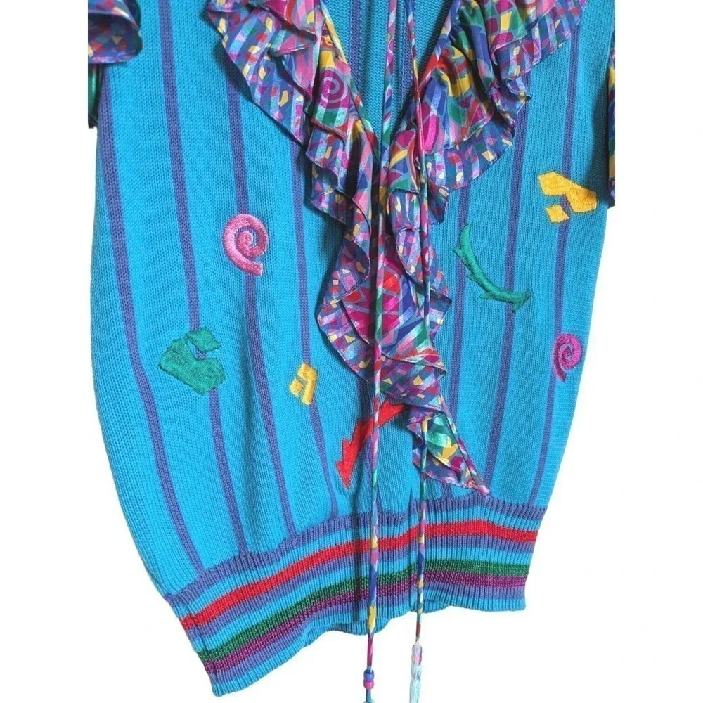 Jaymee Papell Vintage 80's Sweater Colorful Embroidered Short Sleeve